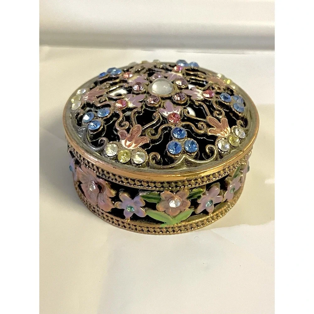 Trinket Box‎ Multicolor Gemstones Enamel Flowers Jewelry Keepsake Metal